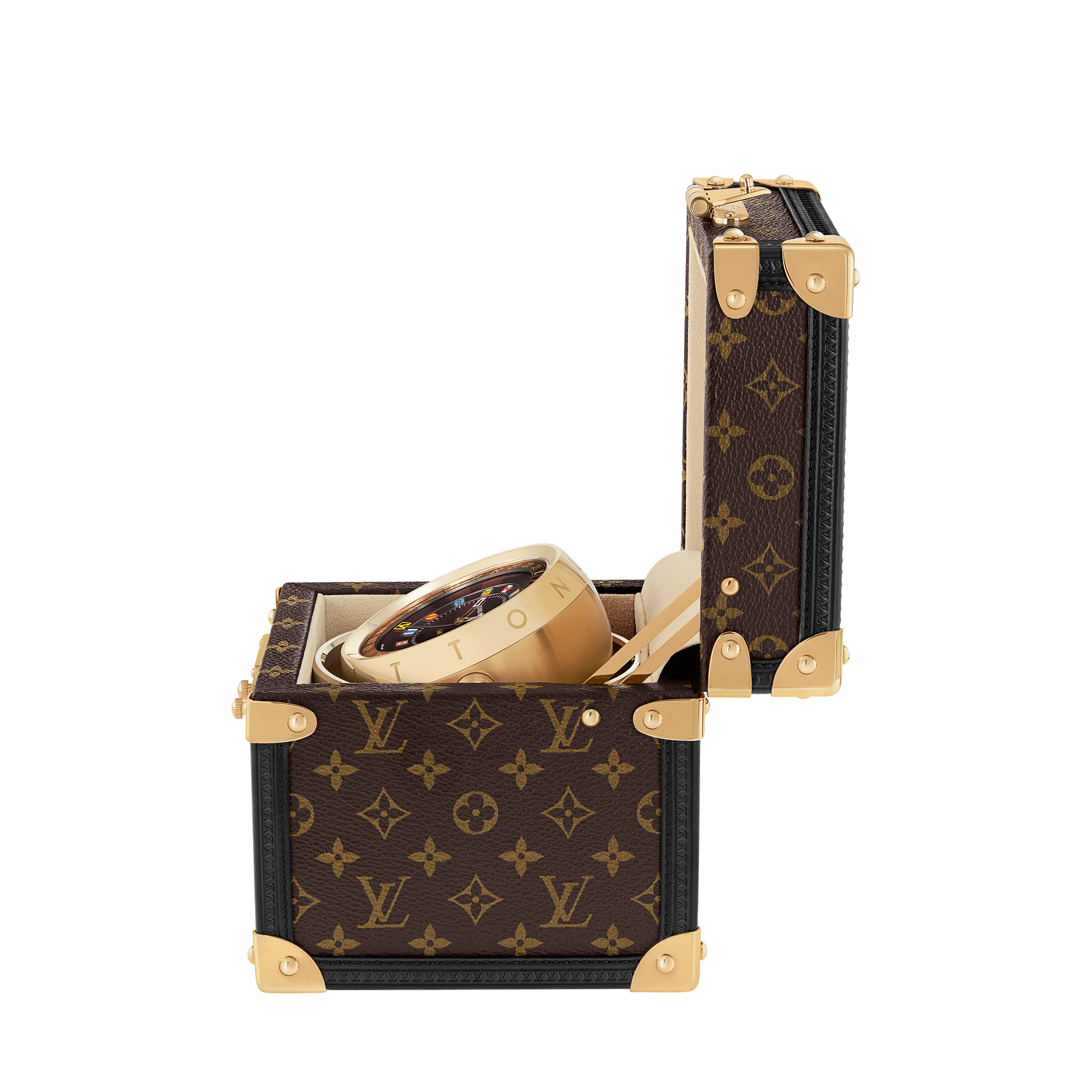 Trunk Table Clock, Quartz, 80mm, Brass, Monogram - Watches - All